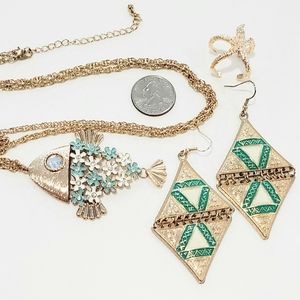 Jewelry bundle gold necklace, ring,  and earrings